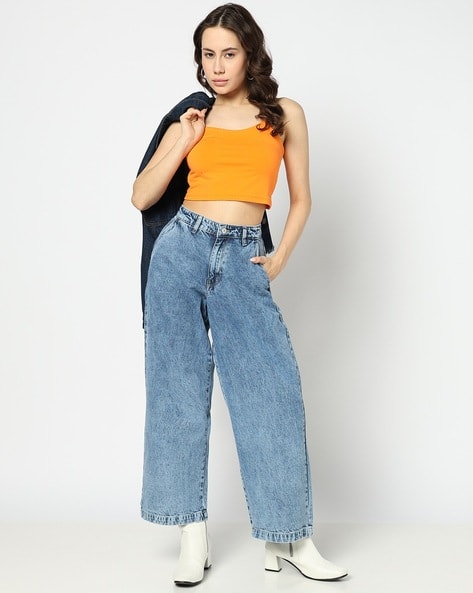 Women Mid-Wash High-Rise Wide-Leg Jeans