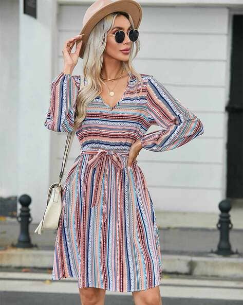 Women Striped V-Neck Empire Dress