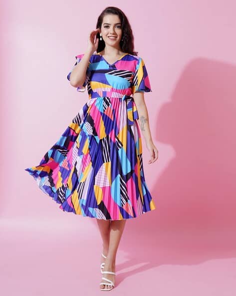 Women Printed Pleated A-Line Dress