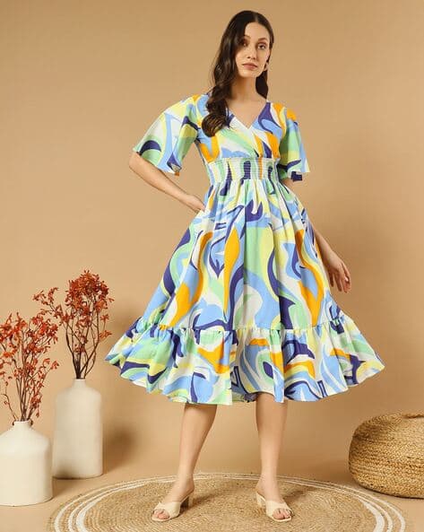 Women Printed V-Neck Tiered Dress