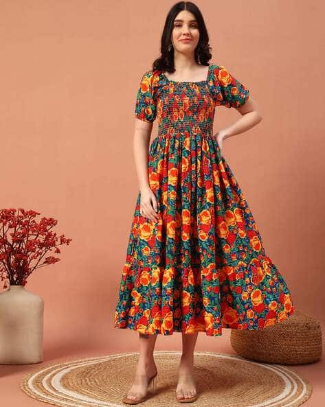 Women Floral Print Square-Neck Tiered Dress