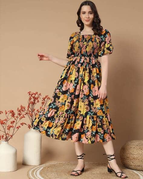 Women Floral Print Smocked Fit & Flare Dress