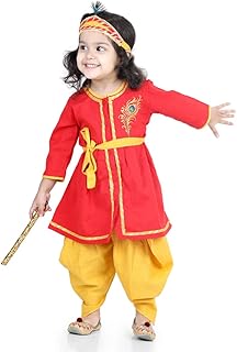 Ethnic Wear Cotton Radha Dress Top & Dhoti Set for Baby Girls, Front Open Embroidered Full Sleeve Top with Mukut Belt, Bansuri and Band