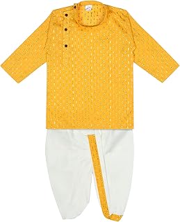 superminis Boy's Cotton Kurta with Dhoti - Golden Thread Work, Round Collar, Full Sleeves, Side Button Kurta Set for Ethnic Wear