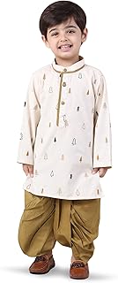 POLKA TOTS Boy's Cotton Full Sleeves Printed Kurta with Dhoti Set, Traditional Ethnic Wear for Kids