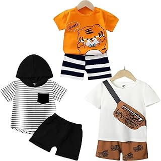 Lofn Unisex-Child Cotton Clothing Sets for Baby Boys & Baby Girls Printed Kids Clothing Sets - Unisex Clothing sets Half sleeve T-Shirt & Shorts Pack Of 3 (T84OR-T70WH-18-T83CP)