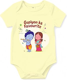 Dearglad Gopiyon Ka Favourite Baby Romper for Janmashtami | Lord Krishna Theme Bodysuit | Cotton Infant Onesie | White & Light Yellow | 0-12 Months