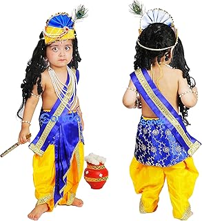 Shree Krishna Dress for Baby Boy & Radha Dress for Girls | Janamashtami Dress | Fancy Dress Costume with Accessories Dhoti, Dupatta, Mukut Flute Complete set, Ethnic wear