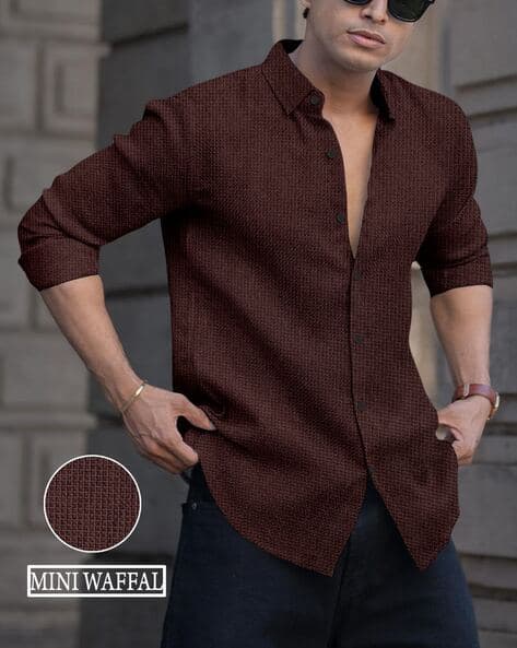 Men Knitted Loose Fit Shirt with Mandarin Collar