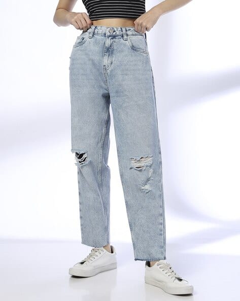 Women Heavily Washed Distressed Relaxed Jeans