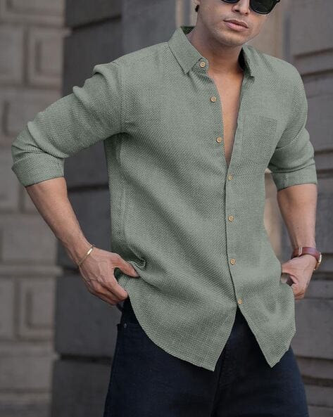 Men Regular Fit Hooded Shirt with Patch Pocket