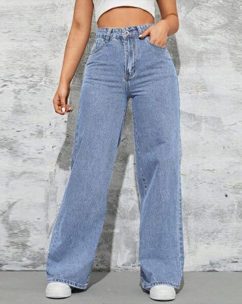 Women Mid-Wash Wide-Leg Jeans