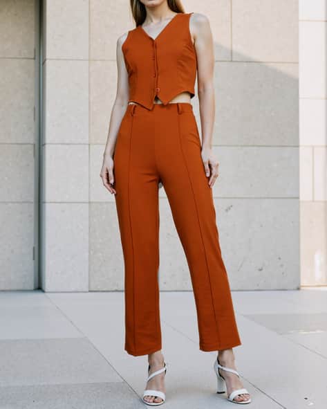 Shein Medium Length Peach Ribbed Tshirt with Trousers